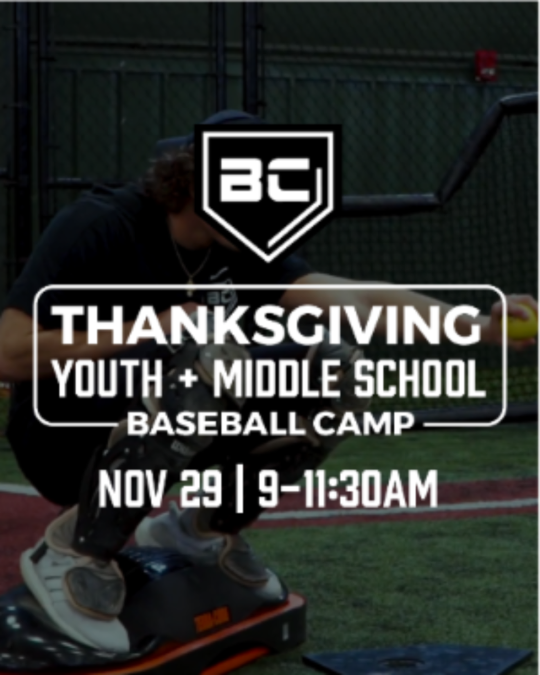 Advertisement for a Thanksgiving youth and middle school baseball camp with a person sitting on a bench.